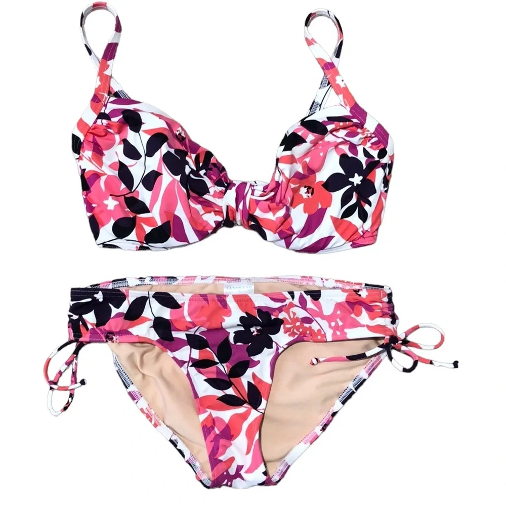 LANDS’ END | Women’s Floral Adjustable Gathered Front-Tie Ruched-Sides Bikini S
